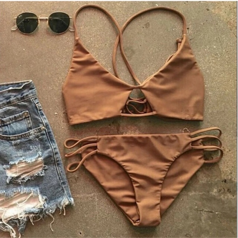 Solid Brown Strappy Bikini Set - Women Swim Bikini